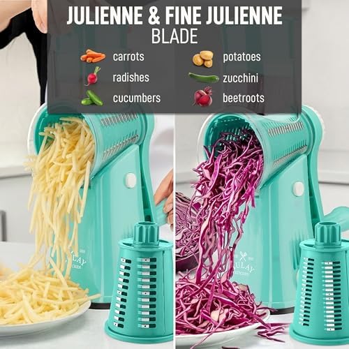 Rotary Cheese Grater Manual Hand Crank 5 Blade Shredder, Teal