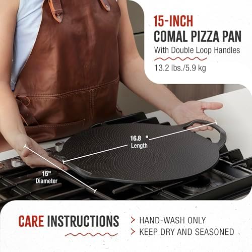 Victoria 15-Inch Cast Iron Comal Pizza Pan with 2 Side Handles, Preseasoned with Flaxseed Oil, Made in Colombia