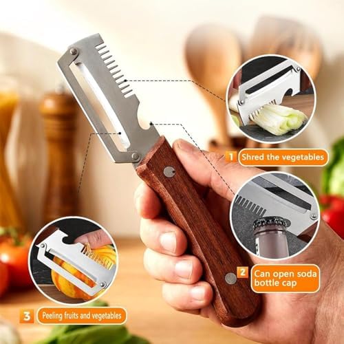 2026 Upgrade Multi-Functional Vegetable Peeler, 3 in 1 Multi Functional Wooden Handle Peeler and Bottle Opener, Kitchen Gadgets Tool forFruitVeggie Peeler