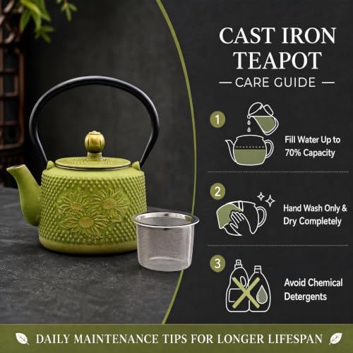Green Cast Iron Tea Pot, 28.7oz Small Tea Kettle for Stovetop, Cute Tea Pot