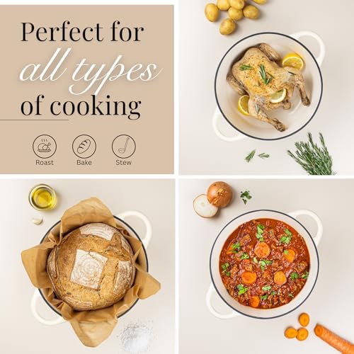 Cast Iron Dutch Oven with Lid-Non-Stick Ovenproof Enamelled Casserole Pot - Sturdy Dutch Oven Cookware-Cream, 7.3- Quart, 30cm- by Nuovva