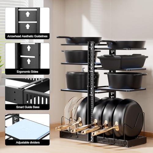 LAMU Pots and Pans Organizer under Cabinet, Adjustable Height Up to 24'', 6 Tier Pot Organizer Rack with 6 Horizontal Dividers, Adjustable Pot and Pan Organizer for Kitchen Storage, Black