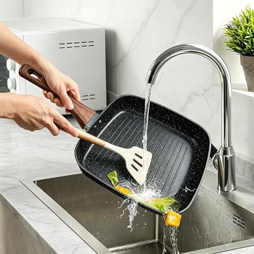 Nonstick 11" Square Grill Pan for Steak, Granite Coating for Gas Induction All Stovetops Compatible (11 X 11 X 1.7 inch)