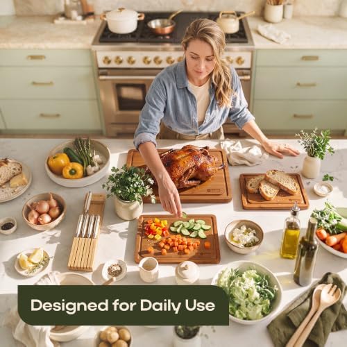 ROYAL CRAFT WOOD Wooden Cutting Boards for Kitchen Meal Prep & Serving - Bamboo Non Toxic Cutting Board Set with Deep Juice Groove Side Handles - Charcuterie & Chopping Butcher Block for Meat (3 Pcs)