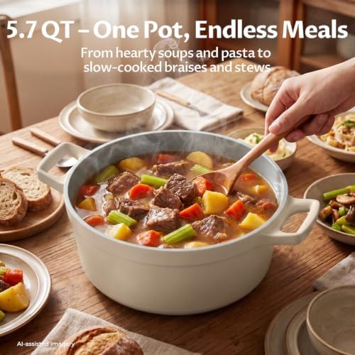 BEZIA 5.7 QT Lightweight Ceramic Nonstick Dutch Oven with Lid, Stock Pot