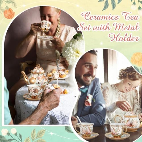 Zhehao 40 Pcs Porcelain Tea Set for Adult, with Metal Holder, Vibrant