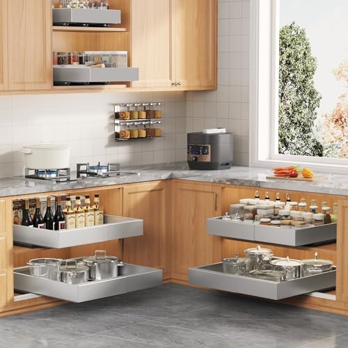 Seinloes 4 Pack Expandable Pull Out Cabinet Organizer 21"Deep With Raising Pad for Framed Cabinets,Slide Out Drawers With 4pcs Divider Racks,No Drill Roll Out Shelf,Adjustable Width 12.05"-20.4"Silver