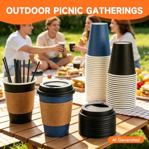 METAPRINT 100 Pack 12 oz Disposable Coffee Cups with Lids and Sleeves