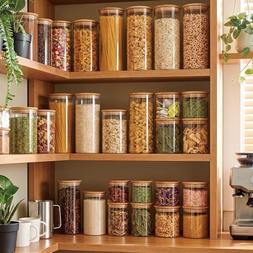 3 Pack 2300 ML / 80 FL Oz Glass Storage Container with Wood Lid, Stackable Clear Decorative Organizer Bottle Canister Pantry Jar with Air Tight Wooden Lid for or Pasta, Spaghetti, Noodles, Food, Coffe