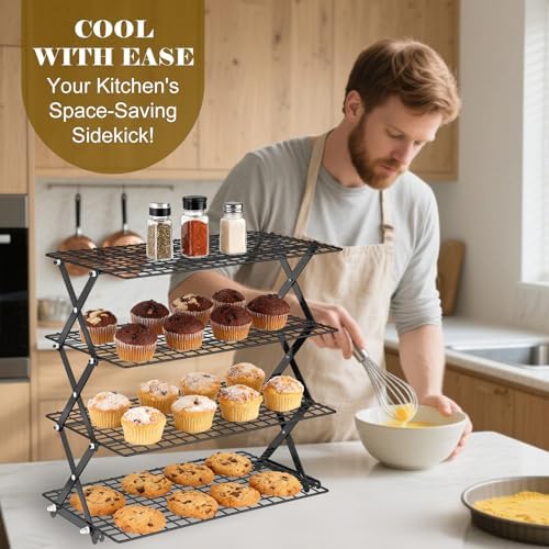 BEWOS 4 Tier Collapsible Cooling Rack - Adjustable Black Stainless Steel Baking Rack with Mesh Leak Proof, Foldable X-Shaped Structure Cooling Racks for Cooking and Baking, Dishwasher Safe