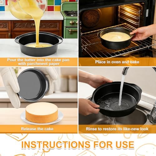 6 Inch Cake Pan - 3PCS Carbon Steel Round Cake Pans with 100 Pieces Parchment Paper, Non-stick & Easy Demolding, Non-toxic & Healthy