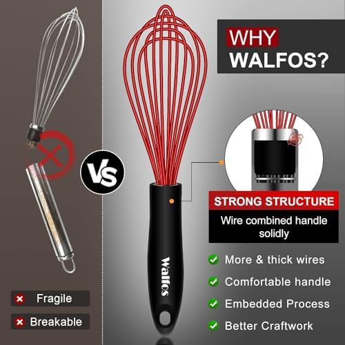 Walfos Whisk,Whisks for Cooking Non Scratch.Silicone Whisk Set of 4 Kitchen Whisks-11in Flat and 7+9+11in Balloon .Nice for Mixing,Whisking and Stirring.Dishwasher Safe.(4pcs-Colorful)