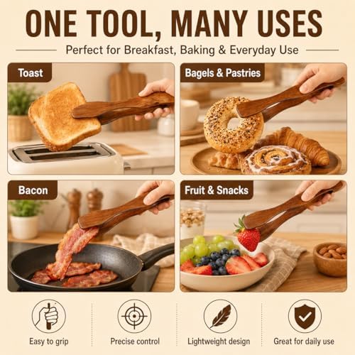 2 Pieces Wooden Toast Tongs 10.4" Reusable Bread Steak Kitchen Clamp Serving Tool Natural Wood Cooking Tong for Cooking and Holding Toast Cheese Bacon Muffin Fruits Bread BBQ