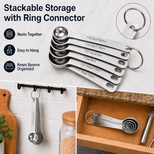 Stainless Steel Measuring Spoons Set of 6, Metal Measuring Spoons with Engraved US & Metric Measurements, Stackable with Ring Connector, Dishwasher Safe for Baking & Cooking