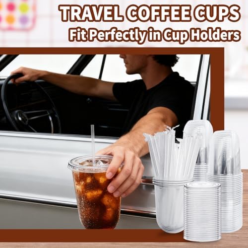 Alaeseje 100 Pack 16 oz Clear Plastic Iced Coffee Cups with Lids and Straws
