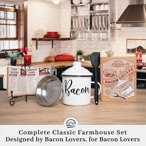 Ayerphalo 24oz Enamel Bacon Grease Container with Strainer, Farmhouse White