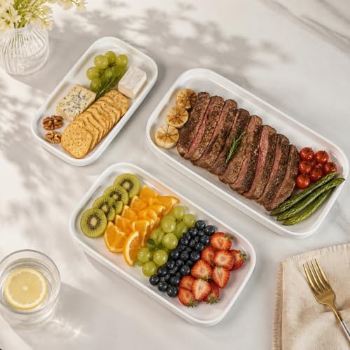 Serving Platters Set of 3, 12/14/16 Inch Large White Ceramic Serving Platters with Modern Upright Rims, Rectangular Serving Trays and Dishes for Entertaining, Party & Buffet