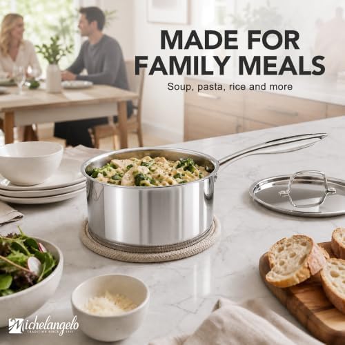 MICHELANGELO 4 Quart Stainless Steel Saucepan with Lid, Tri-Ply Base