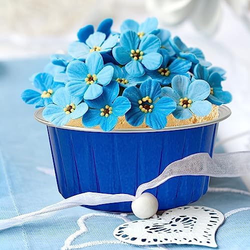 100Pcs Aluminum Cups with Lids,5oz Disposable Ramekin Baking Cups Muffin Liners Mini Pie Pans Foil Cupcake Containers for Christmas Party Wedding Party,Dark Blue