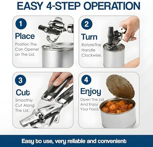 Manual Can Opener Heavy Duty Stainless Steel – Smooth Edge Safe Cut, Ergonomic Easy Grip Handle, Effortless Turning for Seniors Arthritis Weak Hands, Durable Kitchen Tool (Silver&Black)