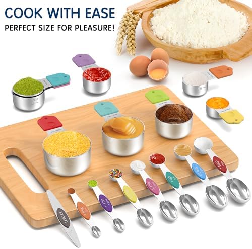 Stainless Steel Magnetic Measuring Cups and Spoons Set, 6 Nesting Magnetic Measuring Cup, 7 Magnetic Measuring Spoons, 1 Leveler for Liquid & Dry