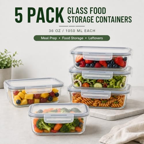 5 Pack 36oz Borosilicate Glass Food Storage Containers Set with Lids, Freezer Meal Prep Containers, Airtight Bento Lunch Container Set, Oven, Freezer and Dishwasher Safe, BPA Free, Kitchen Storage Set
