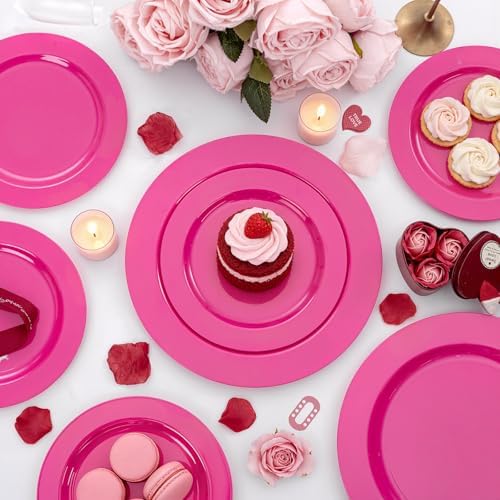 FLOWERCAT 60PCS Hot Pink Disposable Party Plates Set – 30 pcs 10.25″ Dinner Plates & 30 pcs 7.5″ Dessert Plates for Spring Parties, Valentine’s Day, Wedding – Sturdy & Stylish Tableware