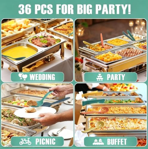 Reusable Plastic Serving Utensils Set of 36, 10" Wheat straw Large Serving set Serving Spoons/Slotted Spoons/Tongs, for Party Buffet Catering (Orange/Blue/Yellow/Green, Not for Cooking)