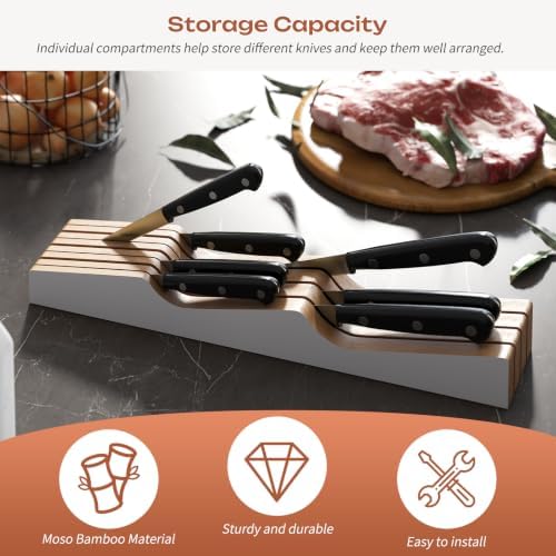 In-Drawer Knife Block Organizer - Bamboo Wood Drawer Knife Organizer-Protecting Knife Organizer Block (Not Included) (White, 7 Knives Dock)