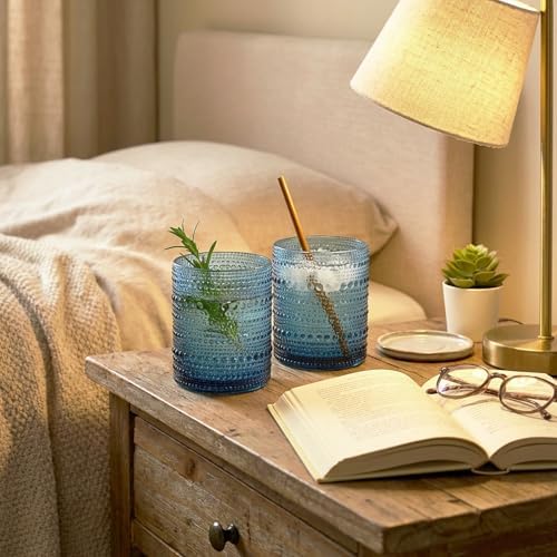 Moretoes 10oz Blue Hobnail Drinking Glasses Set of 6 Cocktail Glasses