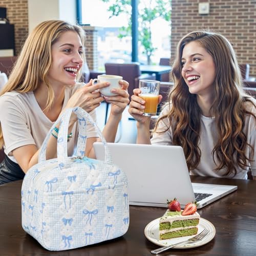 WOBAGMEN Quilted Lunch Box for Women,Coquette Aesthetic Lunch Box for Teen Girls,Cute Floral Lunch Bags for Work, School,Office,Picnic,Travel (Blue Bow)