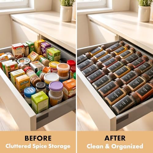 EDELHAUS Glass Spice Jars with Label, 36x Acacia Wooden Lids - Black Labels