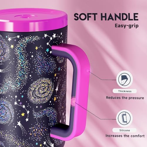 Meoky Glow in the Dark Tumbler: 40 oz Tumbler with Handle and Straw- Stainless Steel Insulated Tumbler for Car Cup Holders - Travelers Commuters Workers (1 Pack, Nebula)