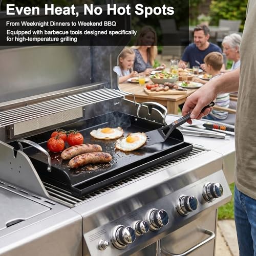 Uniflasy 17 x 13 in Cast Iron Griddle for Gas Grill, Nano Ceramic Nonstick Flat Top Grill Plate with 5-Piece Tool Kit, Grease Groove, High Sidewalls, Handles, for Charcoal, Stove Top, Camping