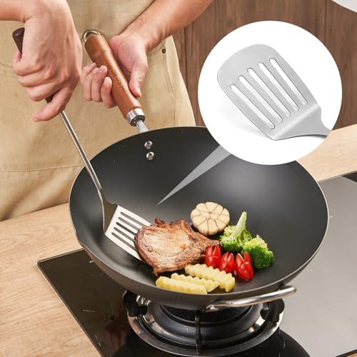 WANGYUANJI 4-Piece Wok Spatula and Ladle Set, Heavy Duty 304 Stainless Steel Kitchen Utensils with Heat Resistant Wooden Handle, Long Metal Turner & Skimmer for Carbon Steel Wok & Cast Iron Skillet