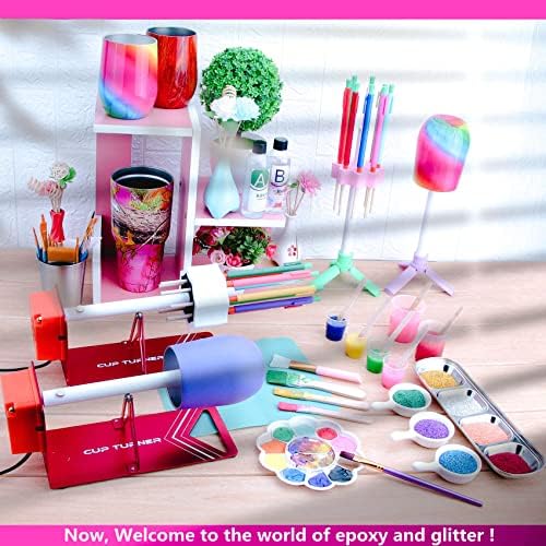 Cup Turner for Crafts Tumbler,Tumbler Turner DIY Glitter Epoxy Resin Tumblers,Epoxy Resin Mixer Attachment with Silent Motor Two-Way Rotation Silicone Pad, Cup Spinner (Rose-Gold)