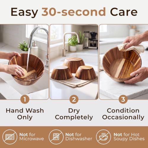 Wooden Salad Bowl Set of 3, Round 12" 10" 8" Wood Bowls for Serving Food