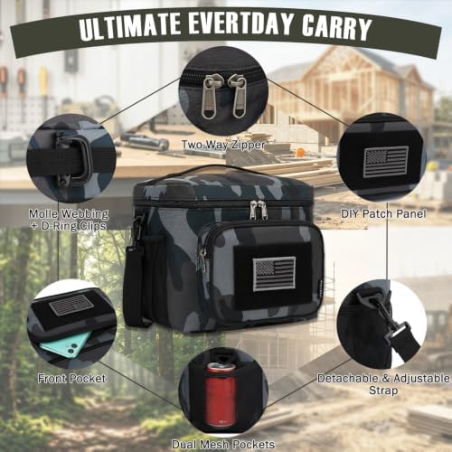 FlowFly Lunch Bag, Insulated Cooler, Thermal Lunch Box Tote with MOLLE/PALS Webbing, Adjustable Padded Shoulder Strap, for Tactical Men Women Adults and Boys Girls Kids (Black#Camo, Large)