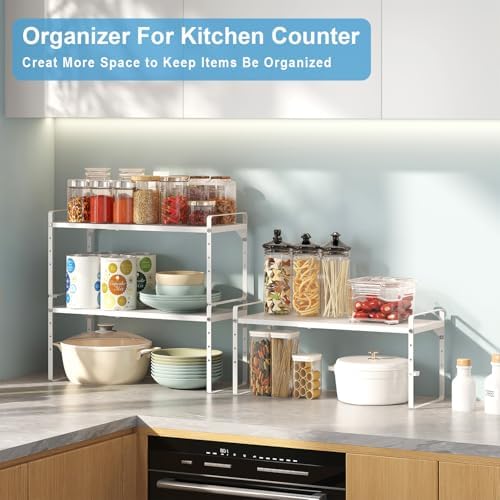 15.5 to 25.5 Inch Kitchen Cabinet Shelf Organizers, Adjustable Kitchen Counter Shelf Organizer, Set of 3 Expandable Countertop Storage Shelves, Stackable Design, 30LBS Heavy Duty, Space Saver