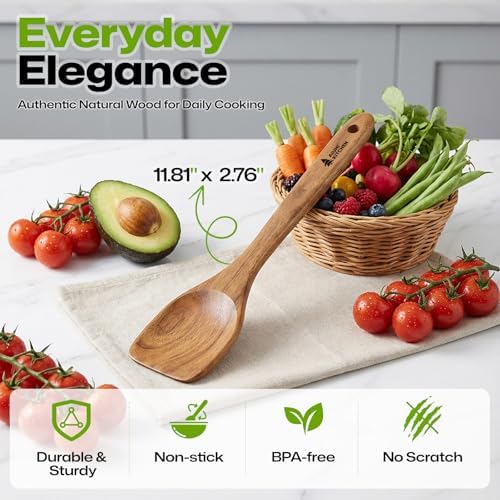AIUHI Wooden Spatula, Natural Teak Wood Cooking Spatula, Long Handle Non-Stick Safe Wooden Turner, Heat Resistant Kitchen Utensil for Stir Frying Serving Wok Cooking