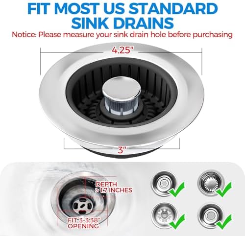 zaa 3 in 1 Kitchen Sink Drain Strainer Stopper Removable Basket Pop-Up