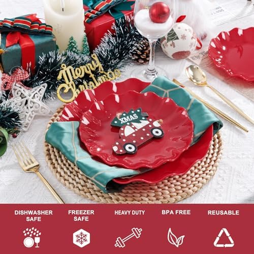 LIYH Red Christmas Plastic Plates Reusable Unbreakable, Dishwasher 25Guests