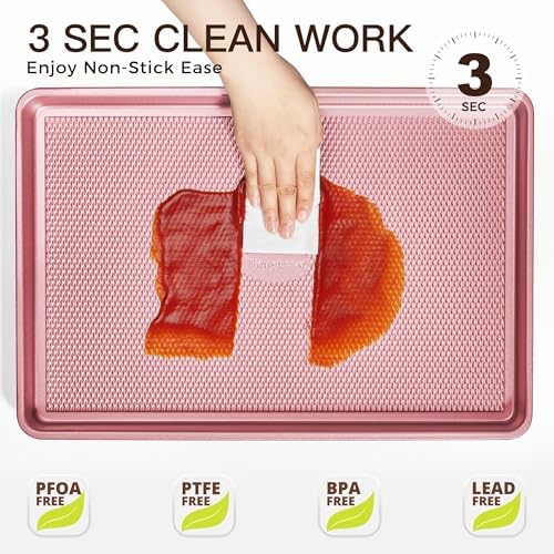 HONGBAKE Baking Sheet Pan Set, Cookie Sheets for Oven, Nonstick Half/Quarter/Jelly Roll Pans with Diamond Texture Pattern, Heavy Duty Cookie Tray, Pink