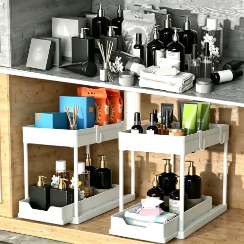 DEKAVA Cabinet, 2 Pack Under Sink Organizer, 2 Tier Sliding Bathroom Kitchen Organizer, Large White ABS Baskets, Easy Install & Clean