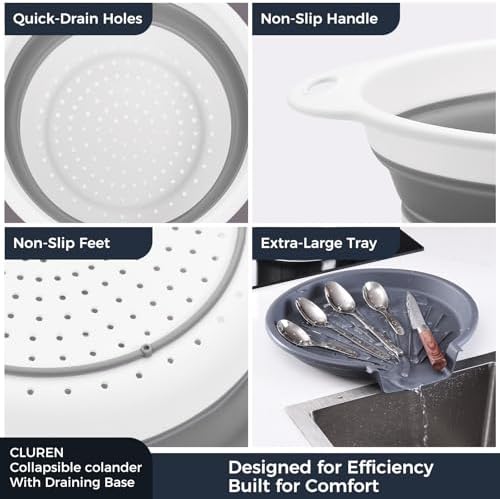 Collapsible Colander Set with Oversized Draining Tray | 3-Pack Foldable Kitchen Strainers + Base | Space Saving for Pasta, Veggies, Fruit & Rice | 5 Colors (Gray-White)