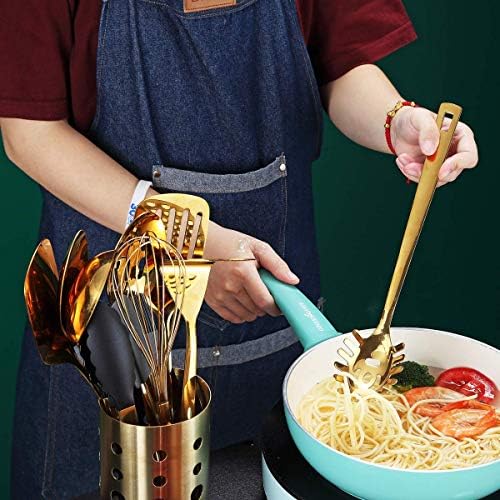 Gold Spaghetti Spoon, Berglander Pasta Server With Titanium Gold Plating, Stainless Steel Spaghetti Server For Cooking, Pasta Fork, Noddle Fork, Dishwasher Safe, Easy to Clean