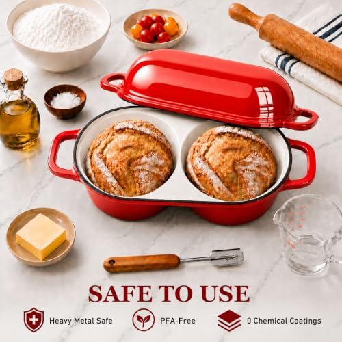 Double Dutch Oven for Sourdough Bread Baking,2.2QT Enameled Cast Iron Dutch Oven Pot with Lid,500°F Oven Safe Non Stick Bread Loaf Pan,Sourdough Baking Pan for Homemade Baking(red)