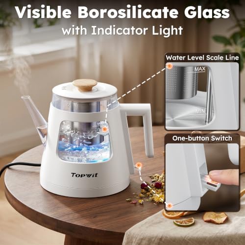 TOPWIT 1L Gooseneck Electric Tea Kettle, Glass Electric Kettle, BPA-free