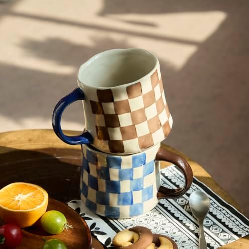 Retro Checkered Ceramic Coffee Mug 16Oz - Extra Large Handle, Microwave Safe Vintage Patterned Tea Cup for Home-2pack
