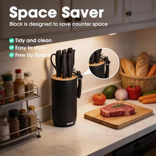 Knife Set, 10 Piece Kitchen Knife Set with Block and Sharpener, Anti-Rust Stainless Steel Knives Set for Kitchen, Chef Universal Knife Block Set, Dishwasher Safe, Ergonomical Design, Black